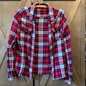 Roxy Light Weight Plaid Button up Shirt. Small. Red white blue Navy.
